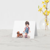 ただ一人の少女と彼女のダックスフント (ダウンロード可能) カード (黄色い花)