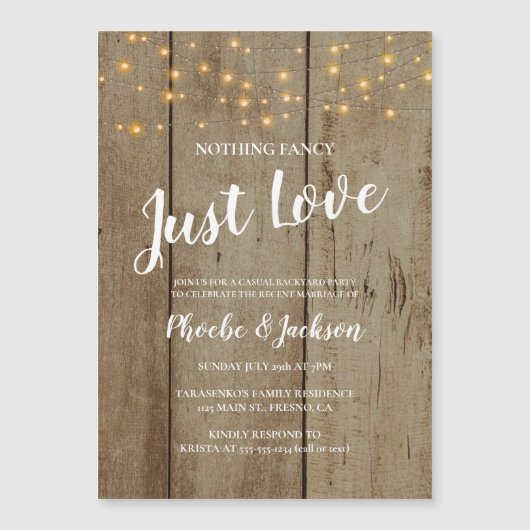 ただ愛を Rustic String Lights ウェディング エロープメント マグネット招待状 (正面)