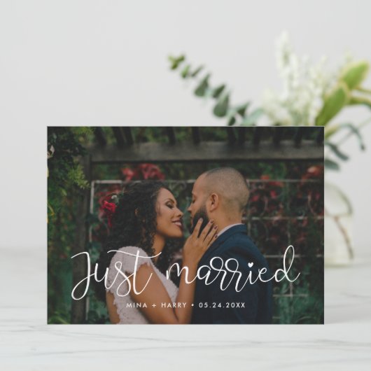 たった今結婚しましたお洒落結婚の写真カード 案内状 (スタンド正面)