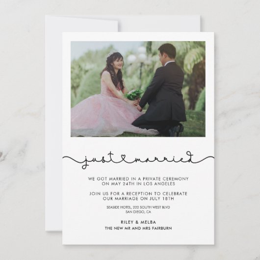 たった今結婚しましたかわいい接続ハートフォントカード 招待状 (正面)