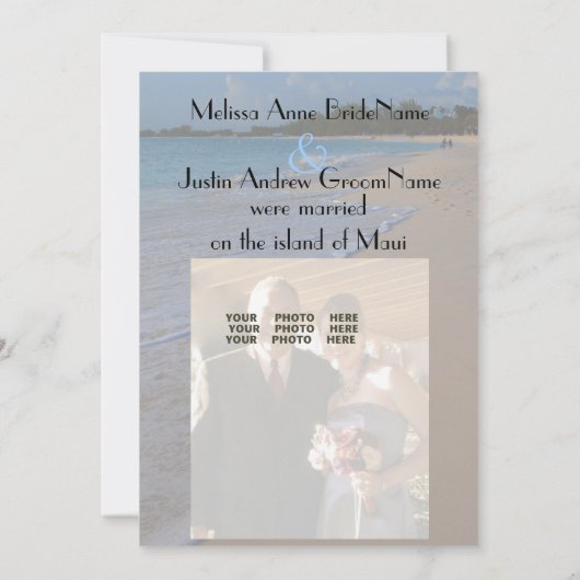たった今結婚しましたのビーチ結婚式の写真の発表 案内状 (裏面)