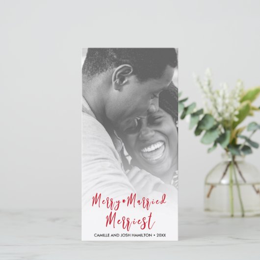 たった今結婚しましたの新婚クリスマスホリデー写真 シーズンカード (スタンド正面)