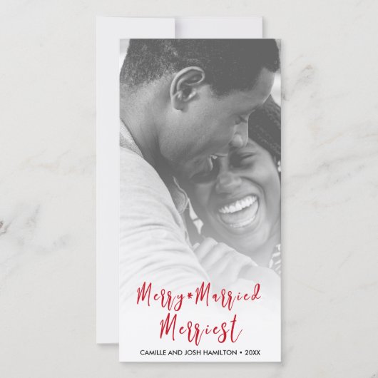 たった今結婚しましたの新婚クリスマスホリデー写真 シーズンカード (正面)