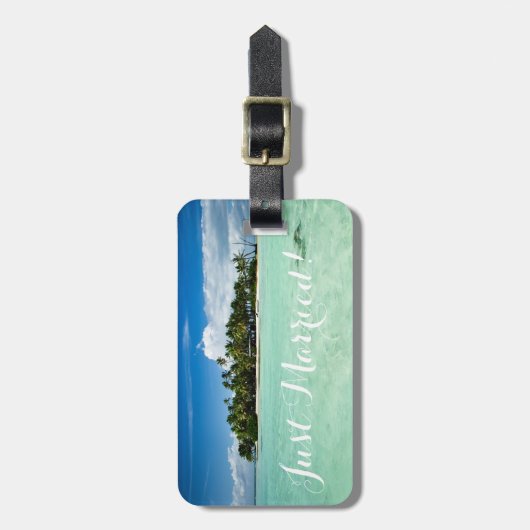 たった今結婚しましたの新婚旅行の島旅行荷物のラベル ラゲッジタグ (正面縦)