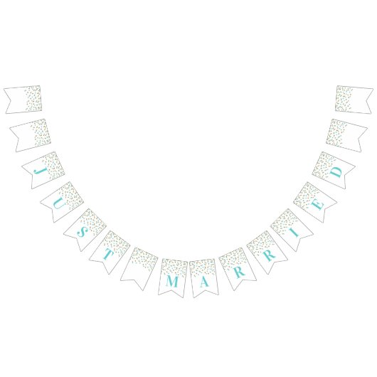 たった今結婚しましたの旗の淡いブルーの金ゴールドの紙吹雪 バンティングフラッグ (全)