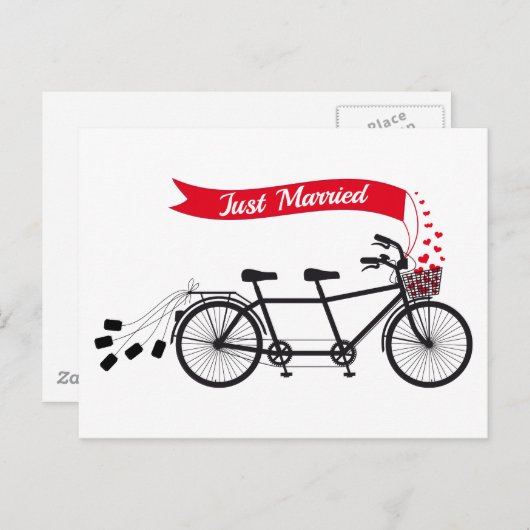たった今結婚しましたの結婚タンデム自転車 案内ポストカード (正面/裏面)