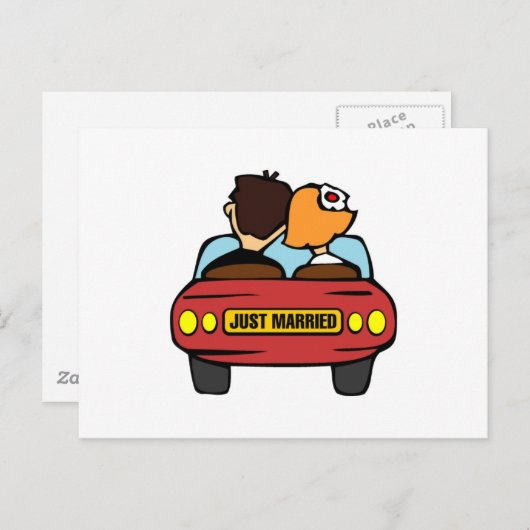 たった今結婚しましたの車およびカップル 案内ポストカード (正面/裏面)
