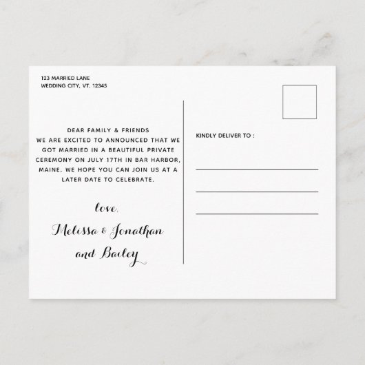 たった今結婚しましたの駆け落ち私たち結婚は犬 案内ポストカード (裏面)