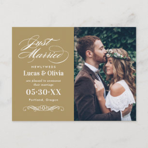 たった今結婚しましたアンティーク結婚金ゴールド写真 案内ポストカード