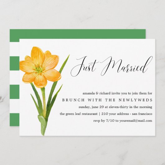 たった今結婚しましたイエローダフォディル結婚ポストのブランチ 招待状 (正面/裏面)