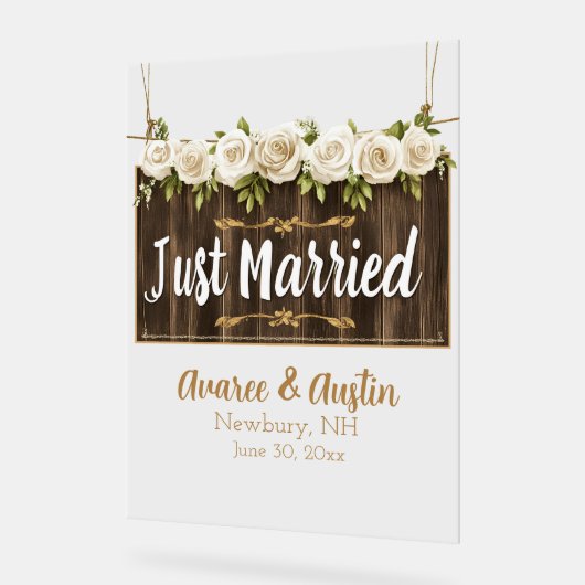 たった今結婚しましたウッドサインホワイトローズ アクリルサイン (傾斜)