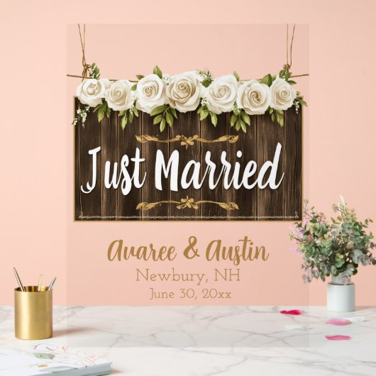 たった今結婚しましたウッドサインホワイトローズ アクリルサイン (ウェディング)