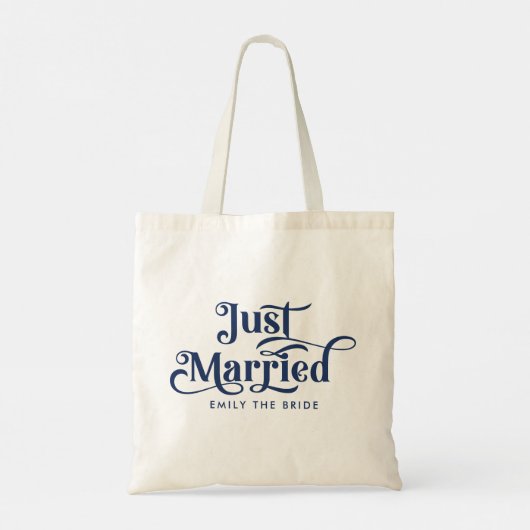 たった今結婚しましたエレガントネイビーブルータイポグラフィ トートバッグ (裏面)