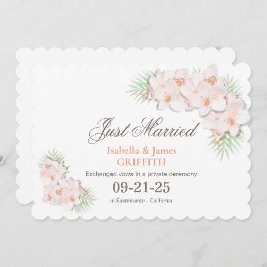 たった今結婚しましたエレガントピンクオーキッドフローラ結婚ズ 案内状 (正面/裏面)