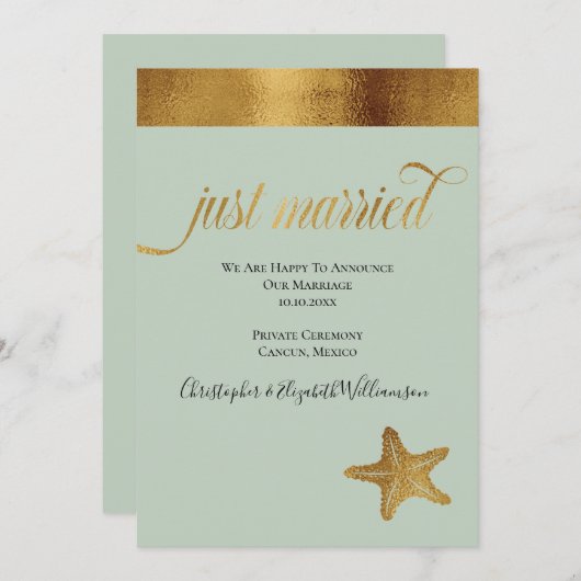 たった今結婚しましたエレガントフェイク金ゴールドスターフィッシュミントグリーン 案内状 (正面/裏面)