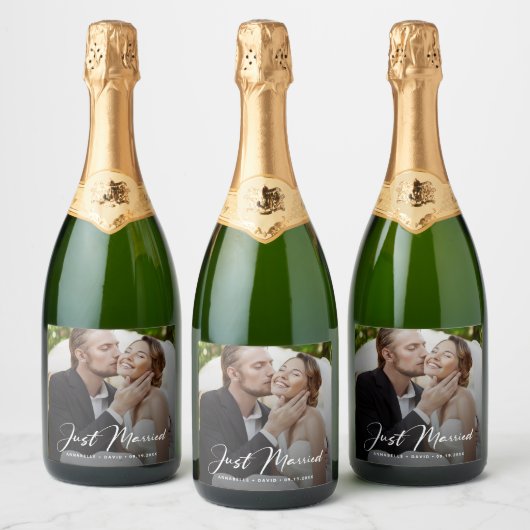 たった今結婚しましたエレガントフォト結婚ズ スパークリングワインラベル (ボトル)