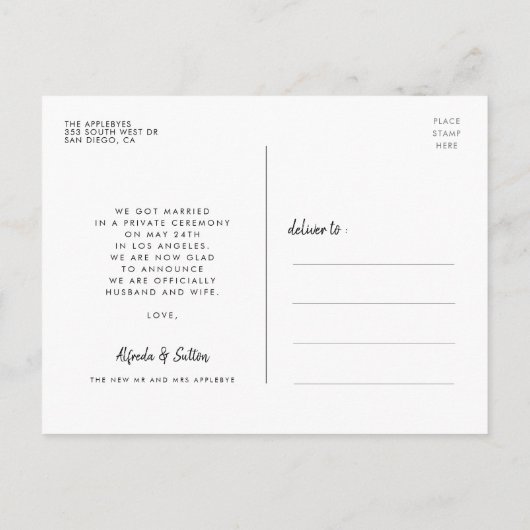 たった今結婚しましたエレガントモダン結婚写真 ポストカード (裏面)