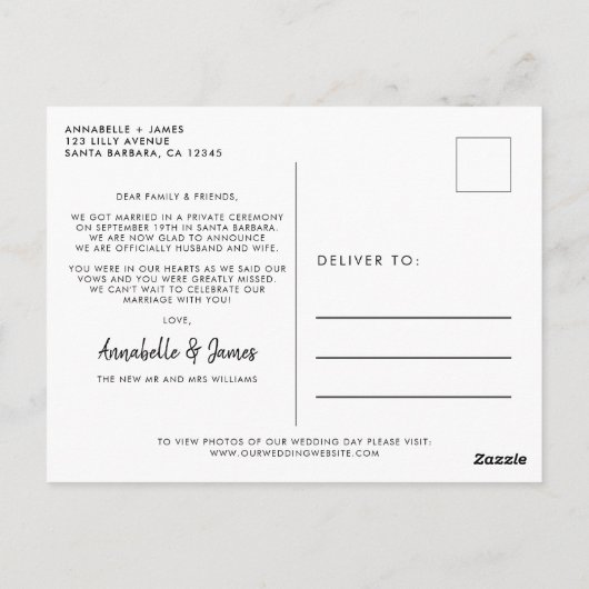 たった今結婚しましたエレガント写真結婚の発表 ポストカード (裏面)