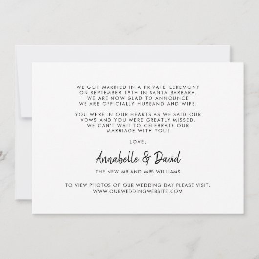 たった今結婚しましたエレガント写真結婚の発表 案内状 (裏面)