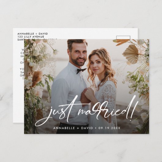 たった今結婚しましたエレガント写真結婚はがき ポストカード (正面/裏面)