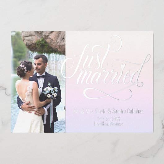 たった今結婚しましたエレガント発表写真カード 箔シーズンカード (正面)