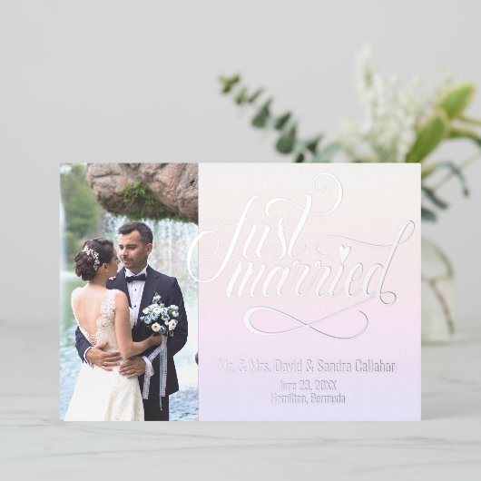 たった今結婚しましたエレガント発表写真カード 箔シーズンカード (立ち正面)