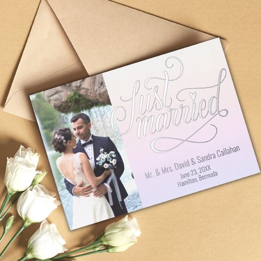 たった今結婚しましたエレガント発表写真カード 箔シーズンカード