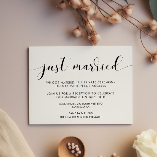 たった今結婚しましたエレガント白黒発表 招待状