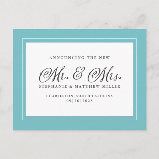 たった今結婚しましたエロペメントアクアグリーンホワエレガントイト インビテーションポストカード (正面)