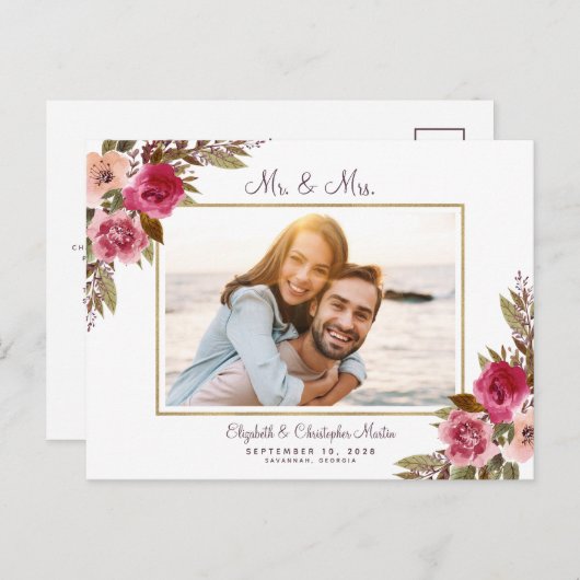 たった今結婚しましたエロペメントフォトパープルエレガントフローラ インビテーションポストカード (正面/裏面)