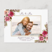 たった今結婚しましたエロペメントフォトパープルエレガントフローラ インビテーションポストカード (正面)