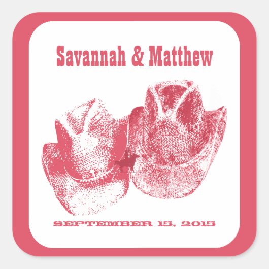 たった今結婚しましたカウボーイ女性のカーボーイハット結婚ズステッカー スクエアシール (正面)