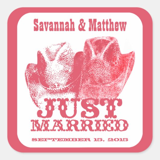 たった今結婚しましたカウボーイ女性のカーボーイハット結婚ズステッカー スクエアシール (正面)