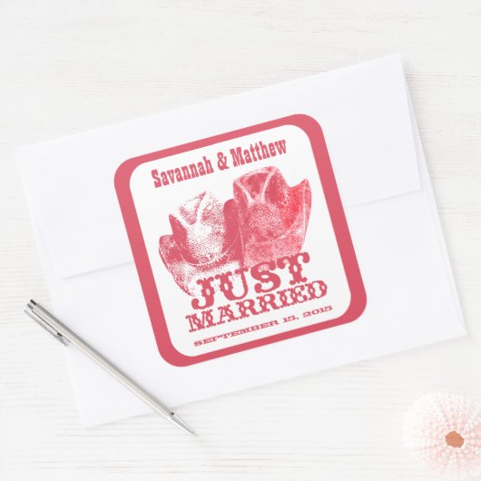 たった今結婚しましたカウボーイ女性のカーボーイハット結婚ズステッカー スクエアシール (封筒)