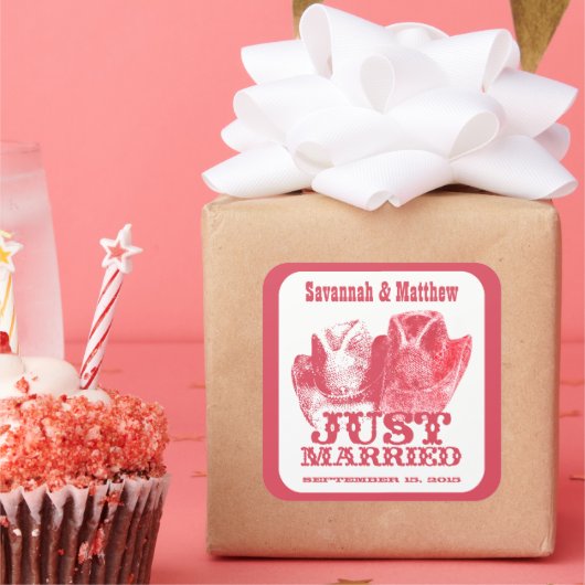 たった今結婚しましたカウボーイ女性のカーボーイハット結婚ズステッカー スクエアシール (パーティー)