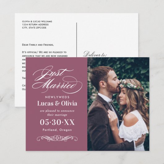 たった今結婚しましたカシスエレガントなウェディングフォト 案内ポストカード (正面/裏面)