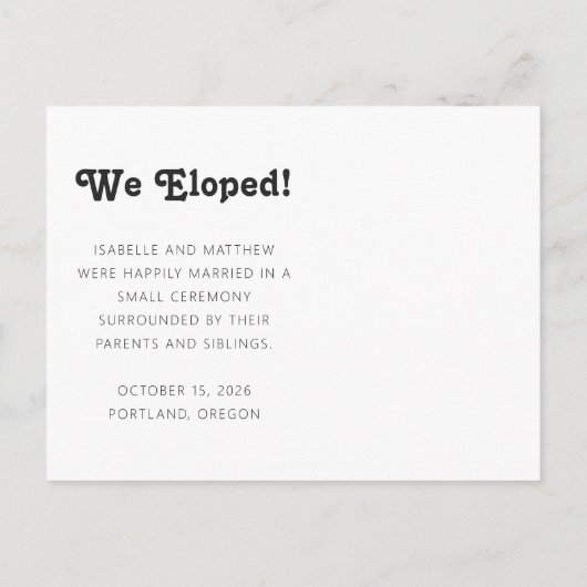 たった今結婚しましたカスタムメッセージWe Eloped Photo 案内ポストカード (裏面)
