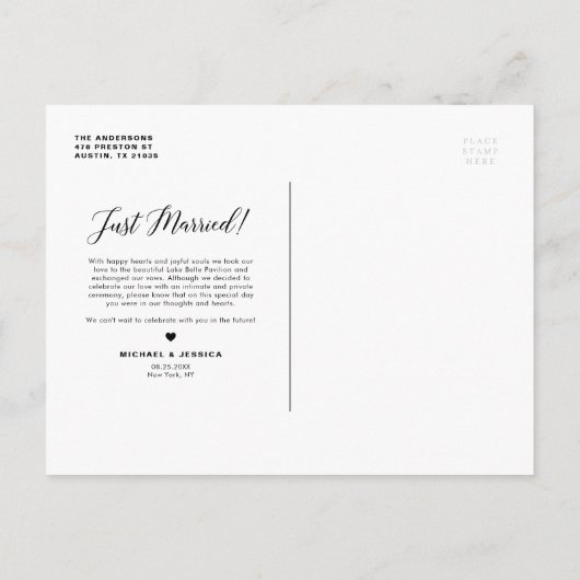 たった今結婚しましたキュラシースクリプトオーバーレイ白写真 案内ポストカード (裏面)