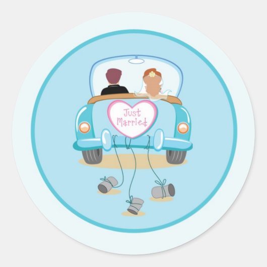 たった今結婚しましたクラシックカー結婚ズ封筒用シール ラウンドシール (正面)