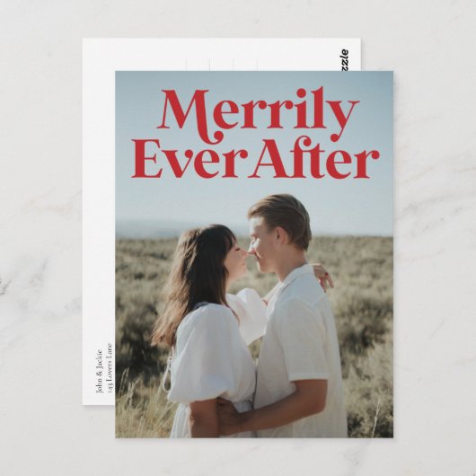 たった今結婚しましたクリスマスホリデーレッドモダン ポストカード (正面/裏面)