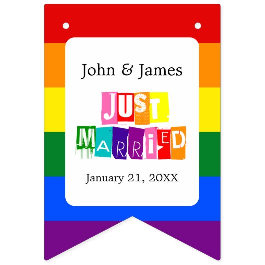 たった今結婚しましたゲイウェディングパーティープライドレインボーLGBTQ バンティングフラッグ (第3の旗)