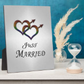 たった今結婚しましたゲイプライド男女のシンボルの連結 フォトプラーク (側面)