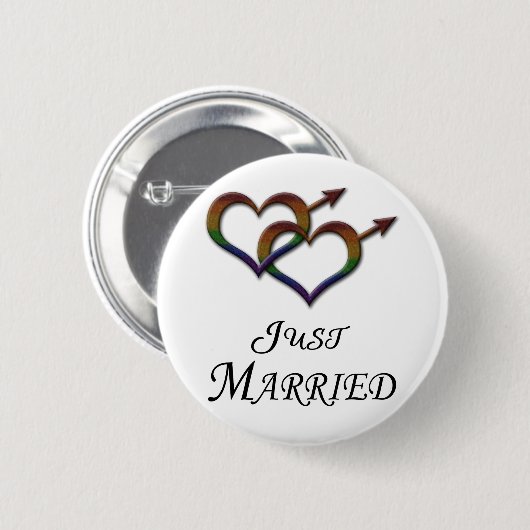 たった今結婚しましたゲイプライド男女のシンボルの連結 缶バッジ (正面&裏面)