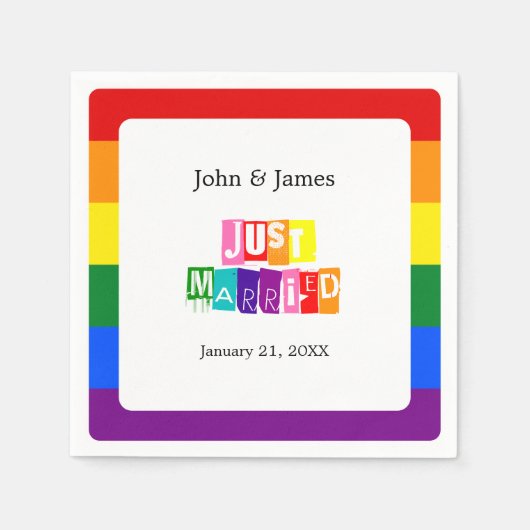 たった今結婚しましたゲイ結婚のカップルLGBTQ スタンダードカクテルナプキン (正面)
