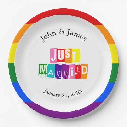 たった今結婚しましたゲイ結婚のカップルLGBTQ ペーパープレート (正面)