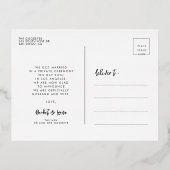 たった今結婚しましたコンテンポラリーフォトブラックと金ゴールド 箔招待状ポストカード (裏面)