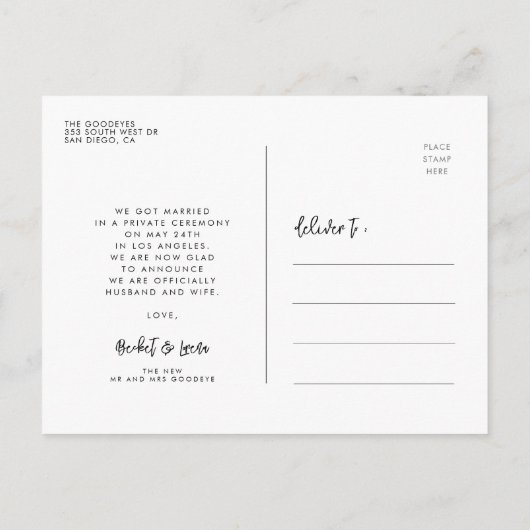 たった今結婚しましたコンテンポラリーモダン結婚の写真 ポストカード (裏面)