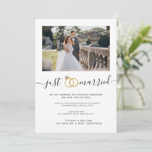 たった今結婚しましたシンプル発表カップル写真 招待状 (スタンド正面)