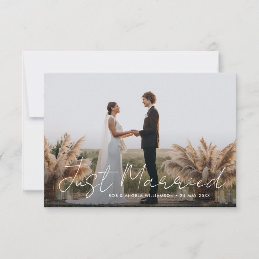 たった今結婚しましたシン結婚スクリプト発表 サンキューカード (正面)