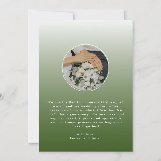 たった今結婚しましたスクリプトオーバーレイ緑の結婚写真 案内状 (裏面)